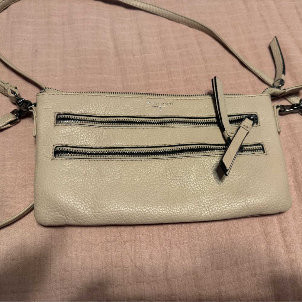 Tahari Beige Crossbody Bag with Zipper Details